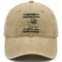 Funny Tennis Quote Washed Cotton Baseball Cap Never Underestimate An Old Man With A Tennis Racket