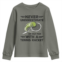 Funny Tennis Quote Youth Sweatshirt Never Underestimate An Old Man With A Tennis Racket - Wonder Print Shop