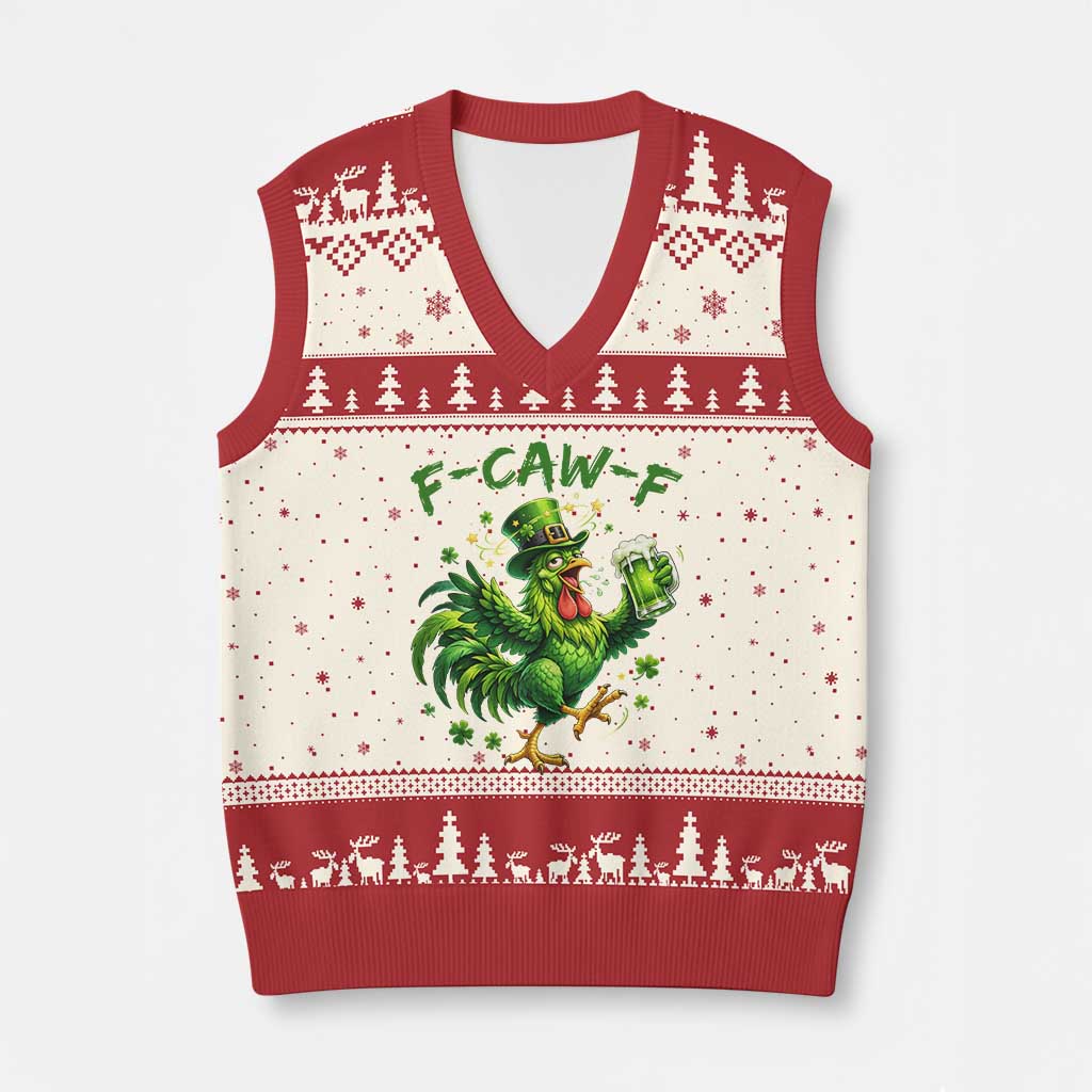 F Caw F Drunk Irish Chicken V-Neck Knit Sweater Vest Funny St Patricks Day Gift