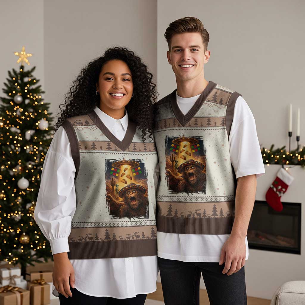 Funny Bigfoot Alien Selfie V-Neck Knit Sweater Vest Cinco De Mayo Party Gift