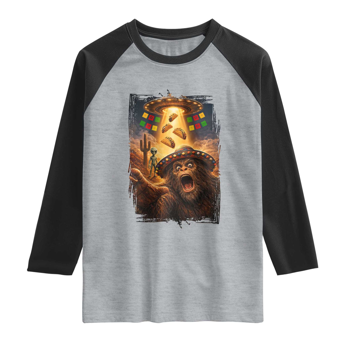Funny Bigfoot Alien Selfie Raglan Shirt Cinco De Mayo Party Gift