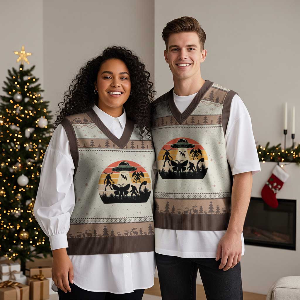 Retro Sunset Cryptid Squad V-Neck Knit Sweater Vest Cryptid Lover Gift