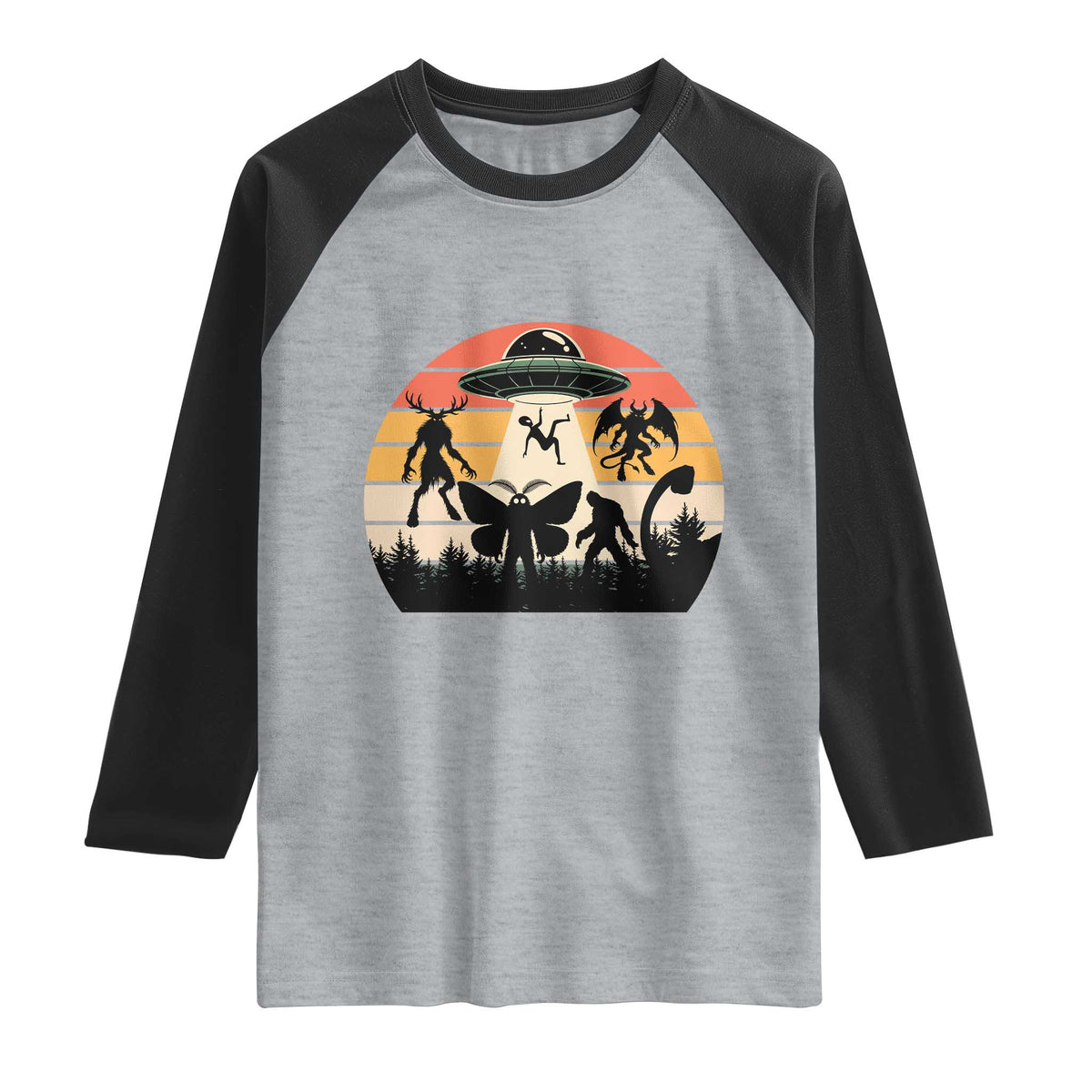 Retro Sunset Cryptid Squad Raglan Shirt Cryptid Lover Gift