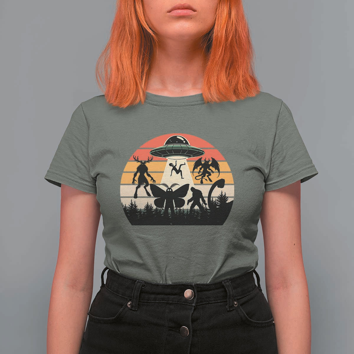 Retro Sunset Cryptid Squad T Shirt For Women Cryptid Lover Gift