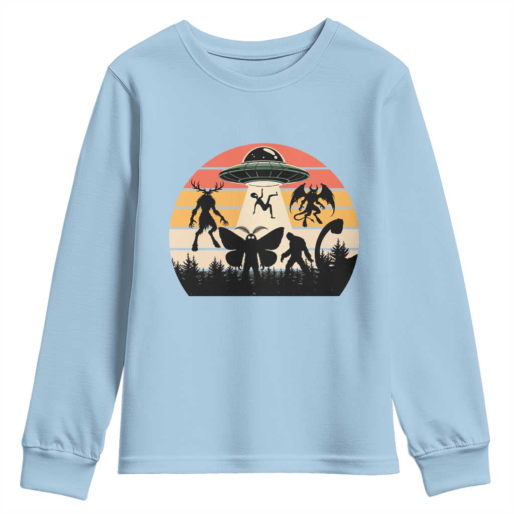 Retro Sunset Cryptid Squad Youth Sweatshirt Cryptid Lover Gift