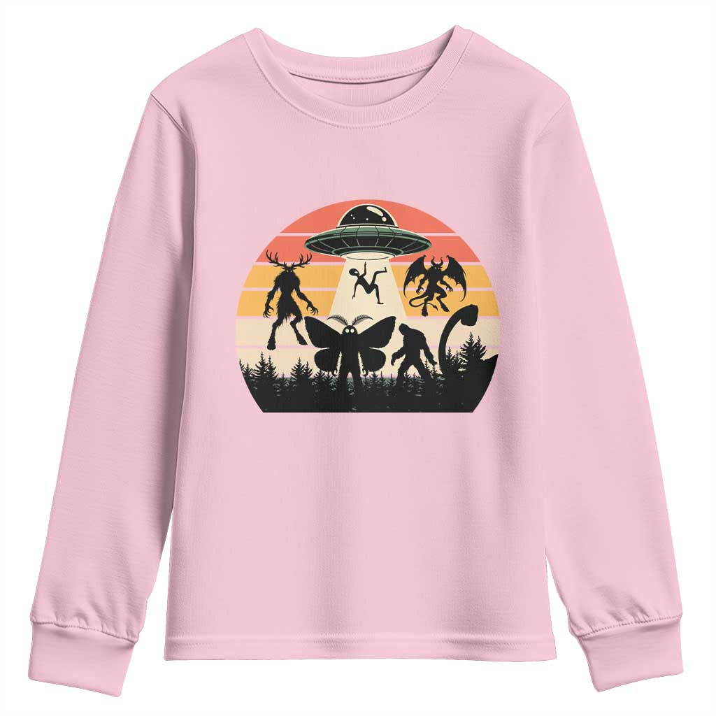 Retro Sunset Cryptid Squad Youth Sweatshirt Cryptid Lover Gift