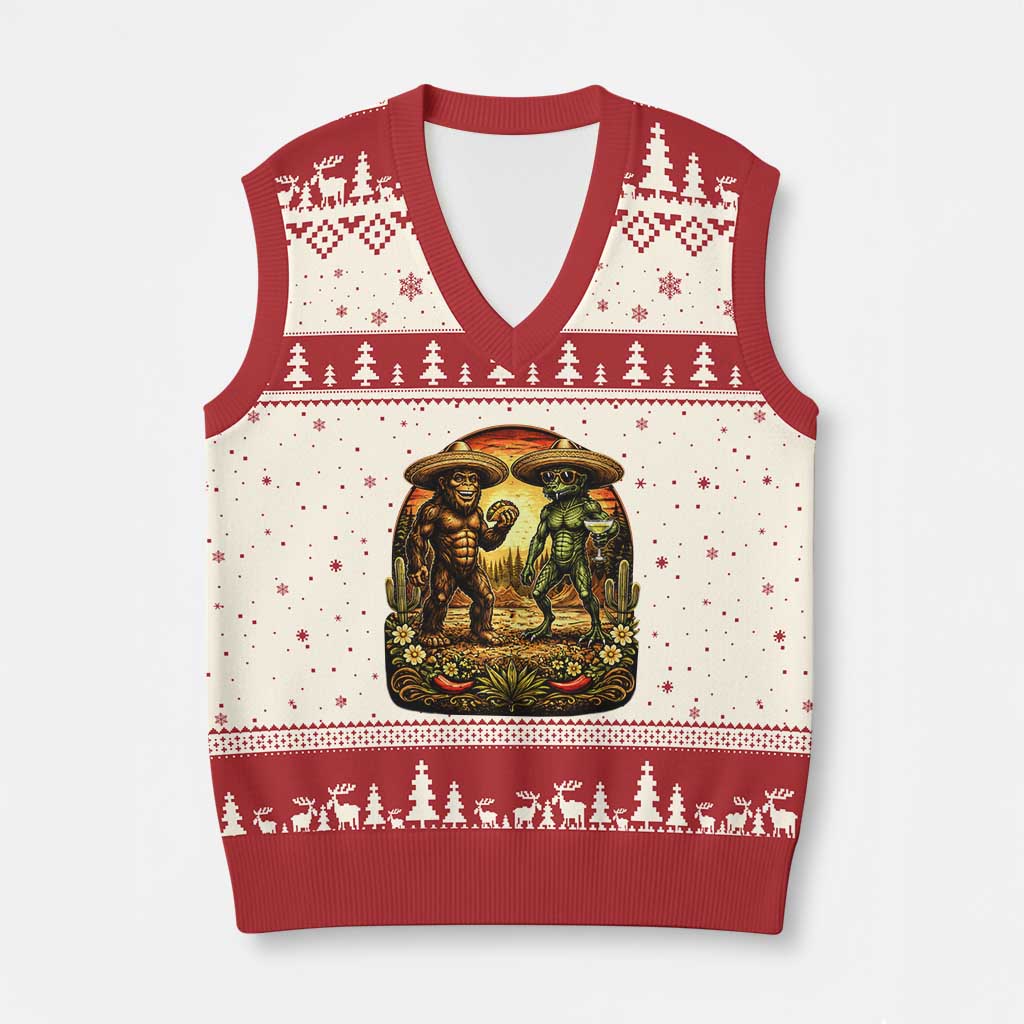 Funny Bigfoot Chupacabra Cinco De Mayo V-Neck Knit Sweater Vest Cryptid Lover Gift