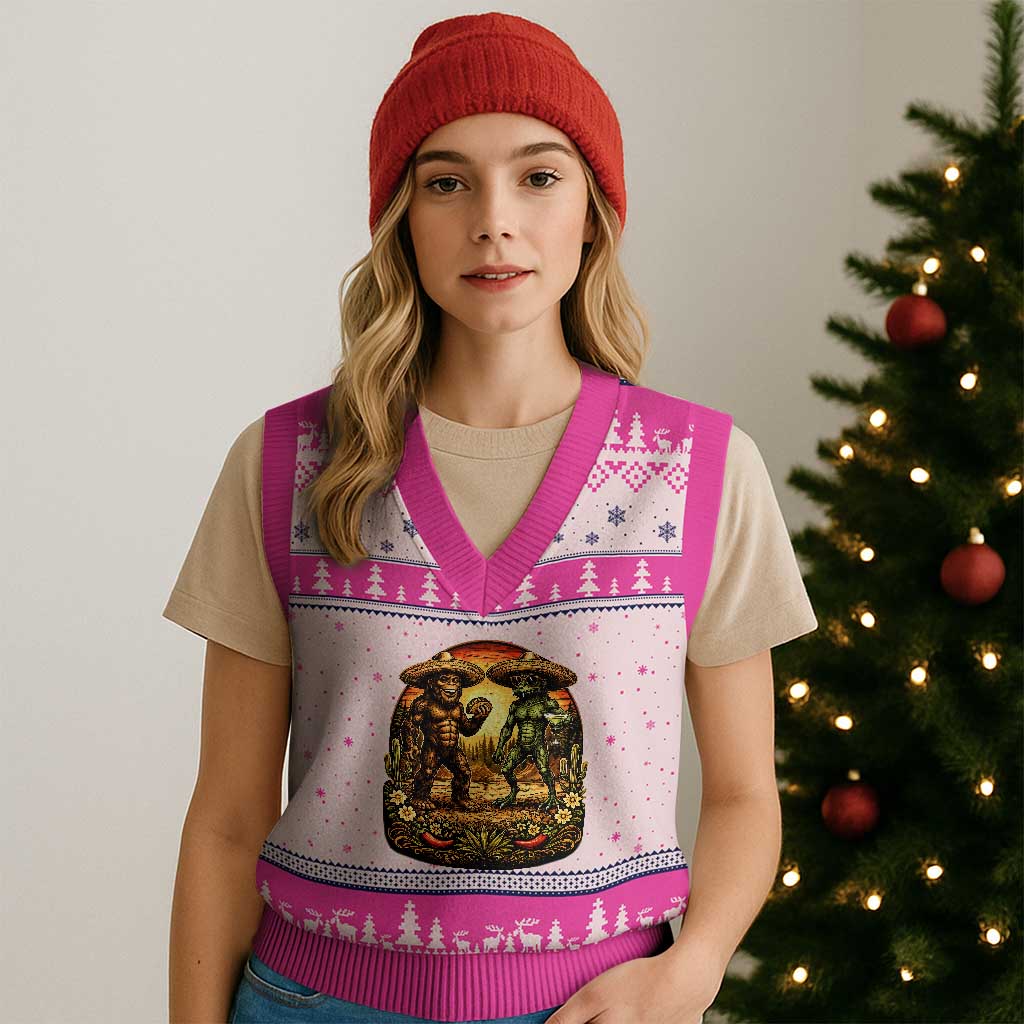 Funny Bigfoot Chupacabra Cinco De Mayo V-Neck Knit Sweater Vest Cryptid Lover Gift