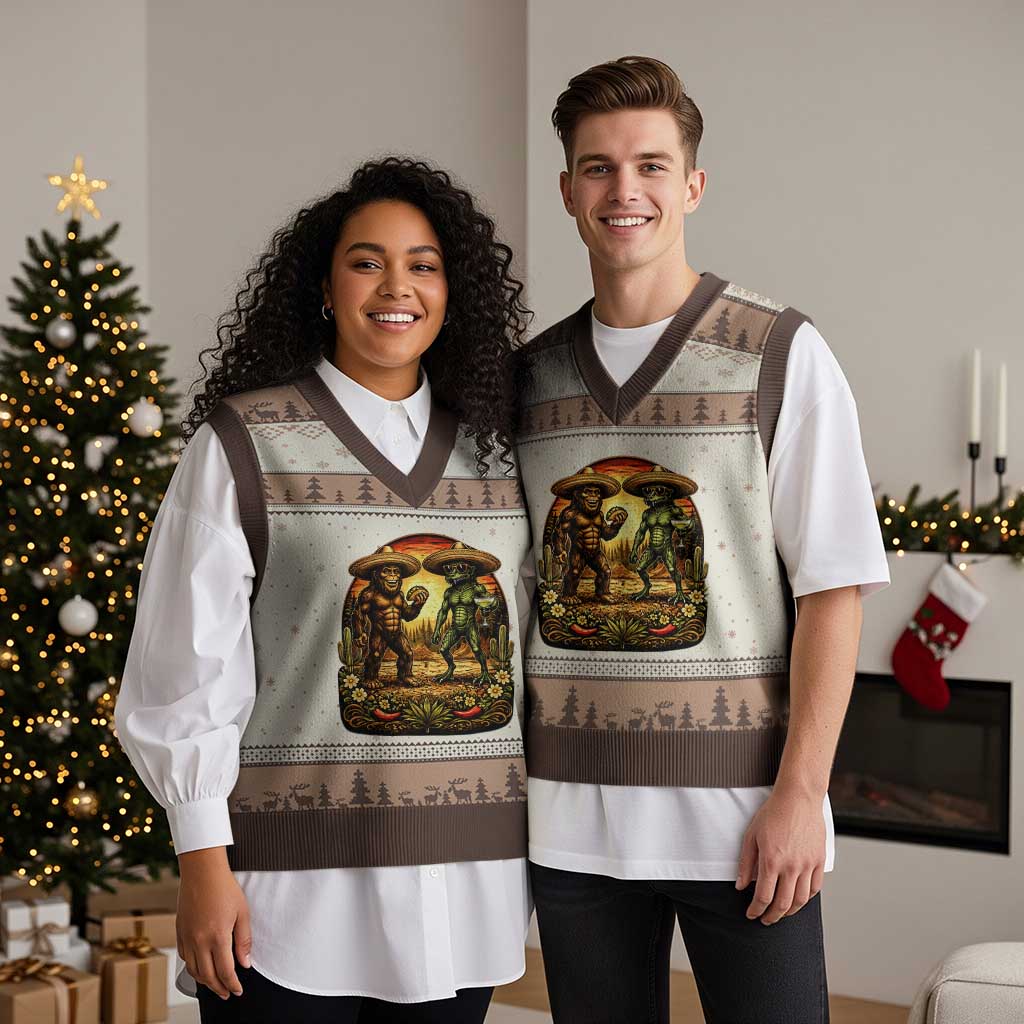 Funny Bigfoot Chupacabra Cinco De Mayo V-Neck Knit Sweater Vest Cryptid Lover Gift