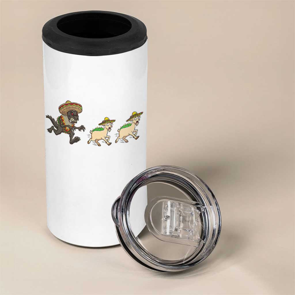 Funny Mexican Fiesta Gift 4 in 1 Can Cooler Tumbler Chupacabra Chasing Taco Goat