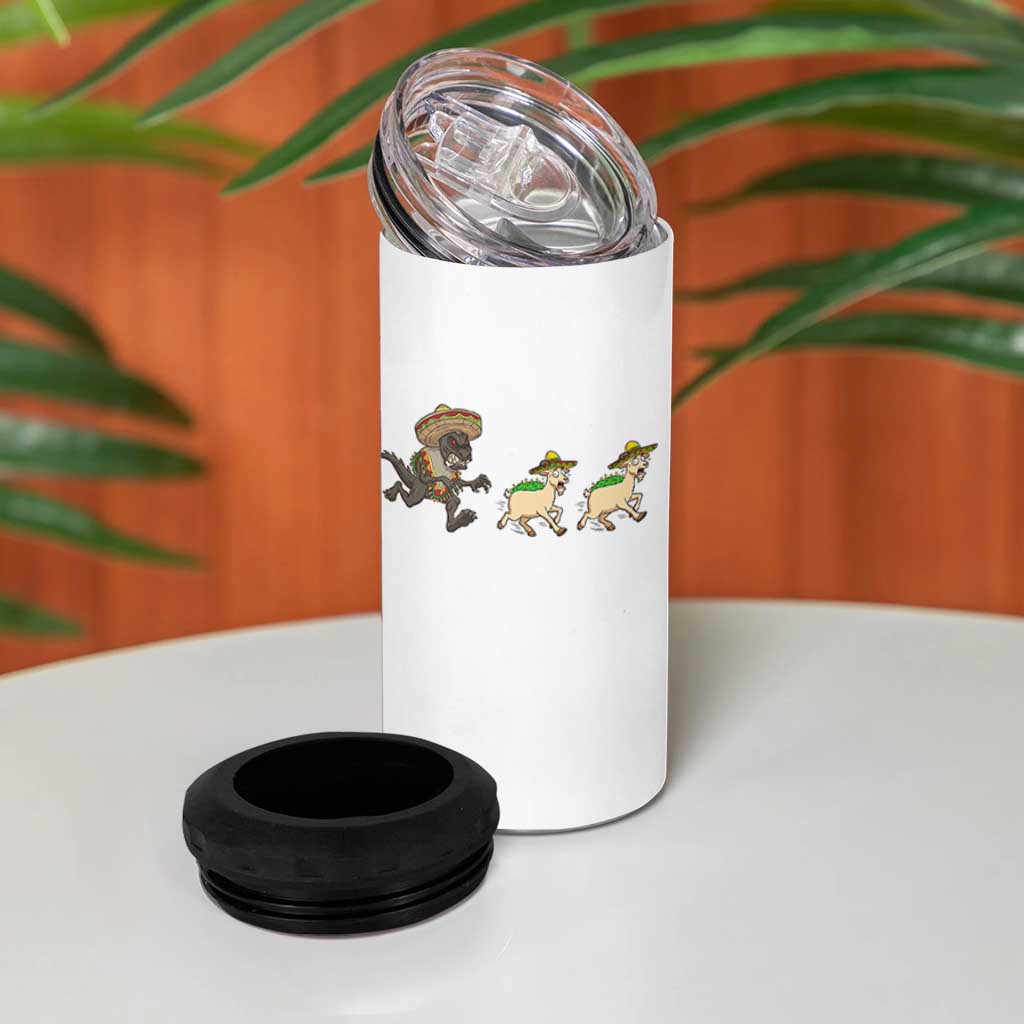 Funny Mexican Fiesta Gift 4 in 1 Can Cooler Tumbler Chupacabra Chasing Taco Goat