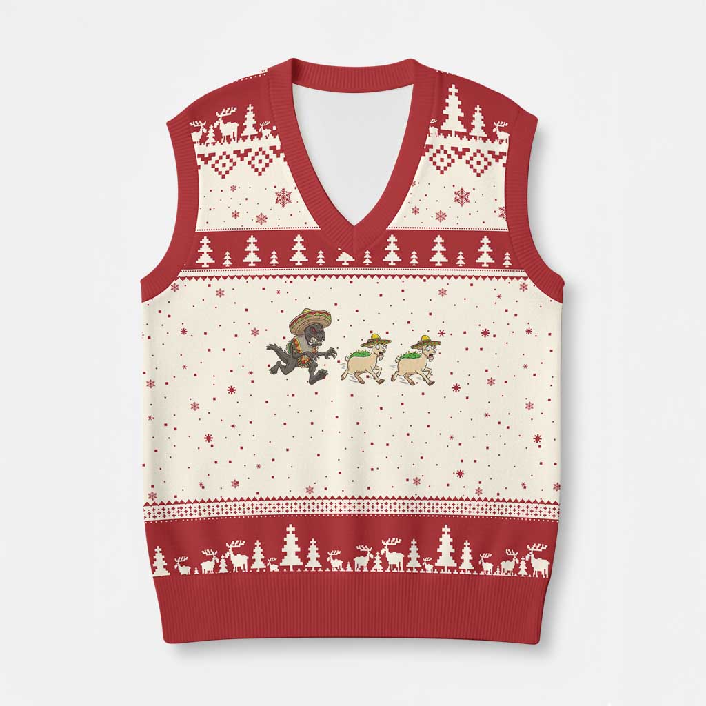 Funny Mexican Fiesta Gift V-Neck Knit Sweater Vest Chupacabra Chasing Taco Goat