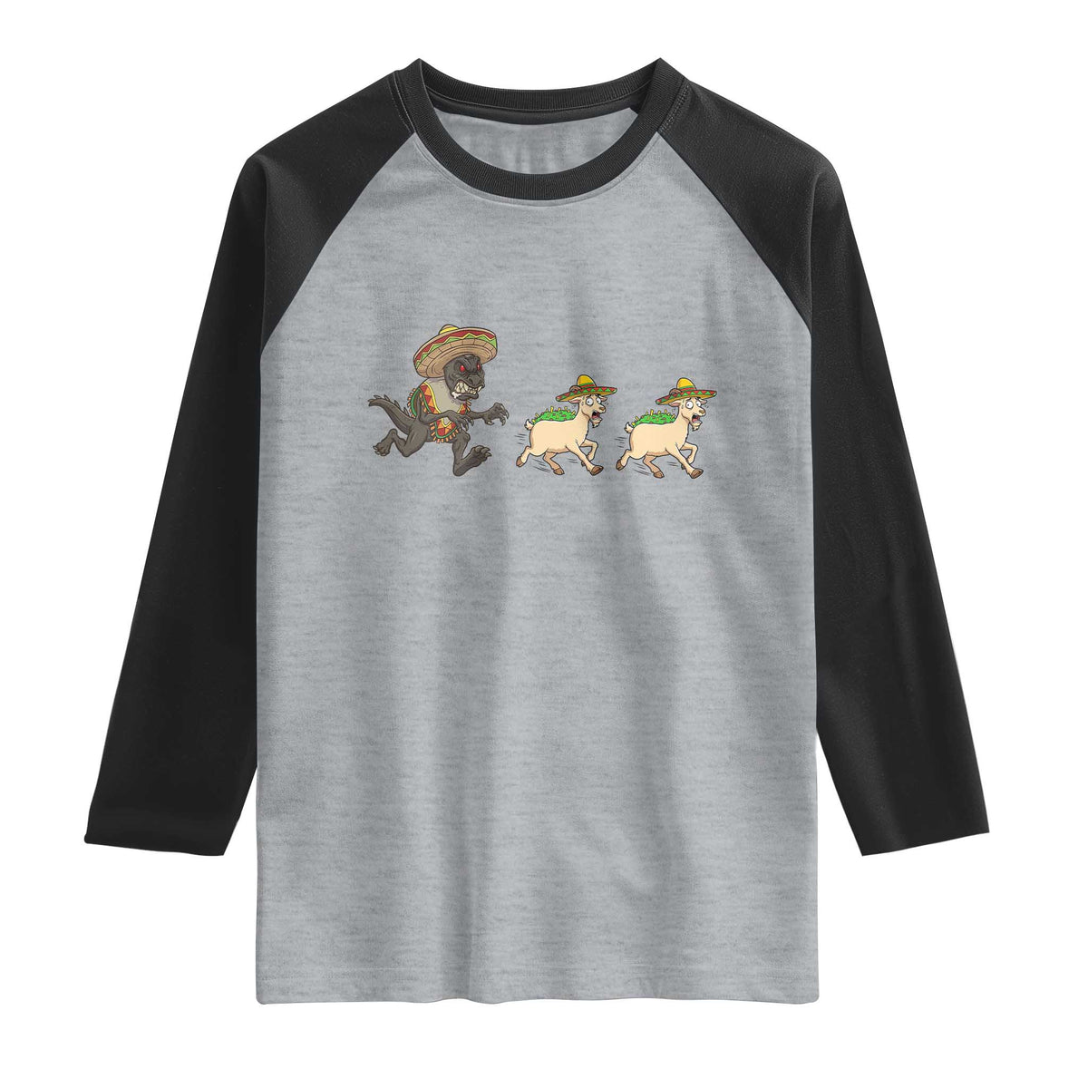 Funny Mexican Fiesta Gift Raglan Shirt Chupacabra Chasing Taco Goat