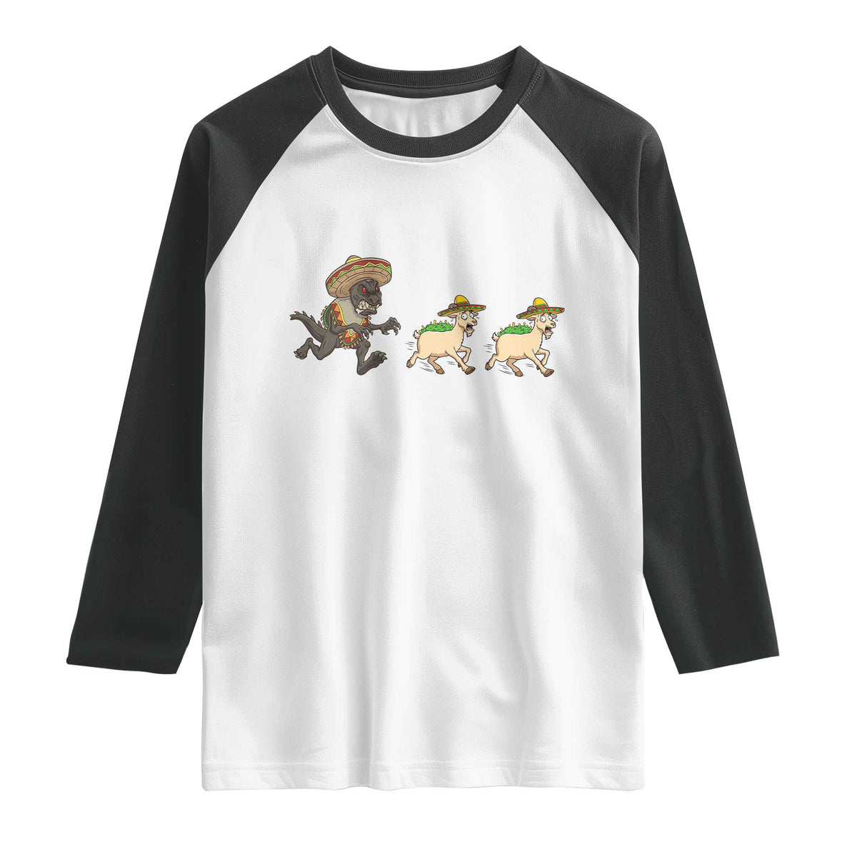 Funny Mexican Fiesta Gift Raglan Shirt Chupacabra Chasing Taco Goat