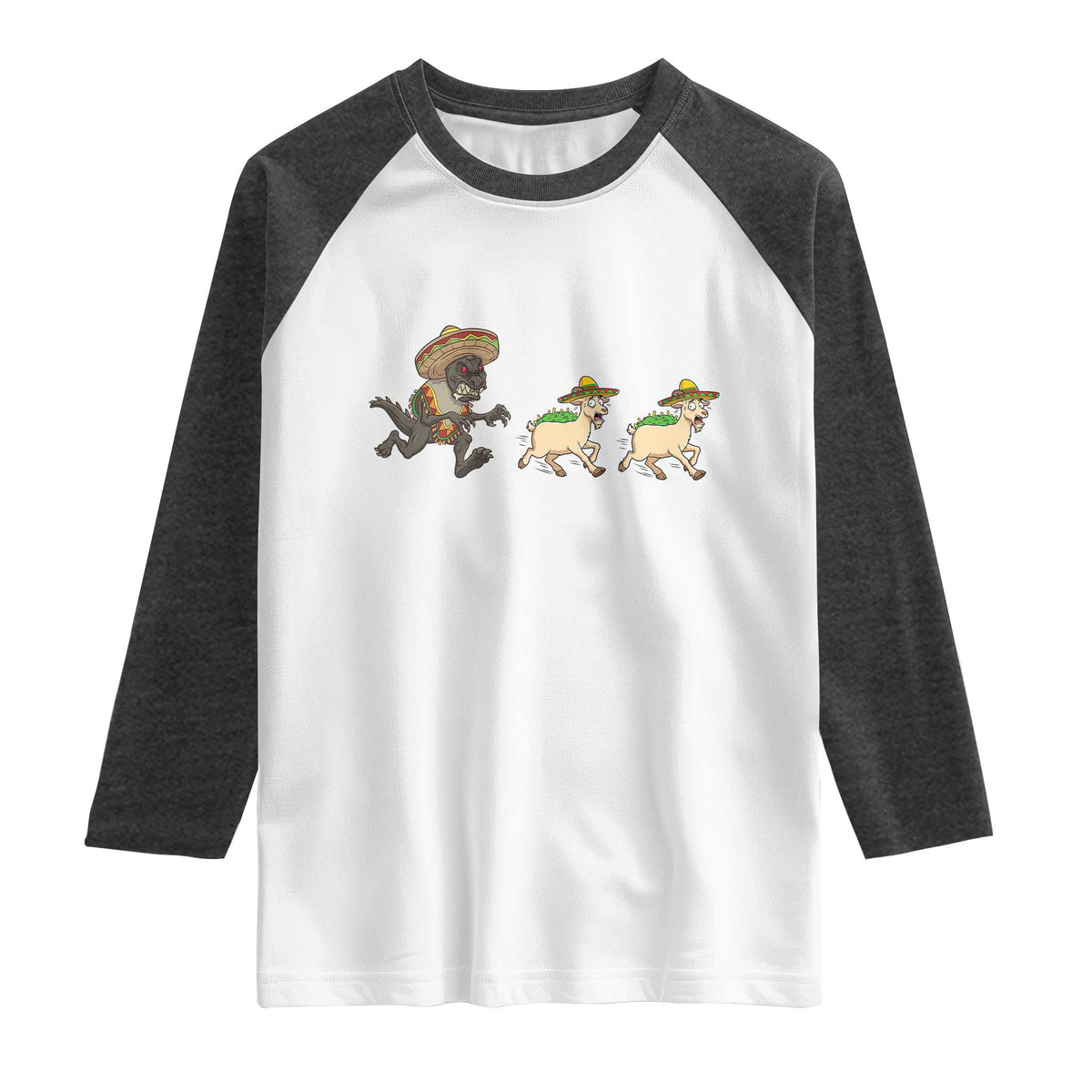 Funny Mexican Fiesta Gift Raglan Shirt Chupacabra Chasing Taco Goat