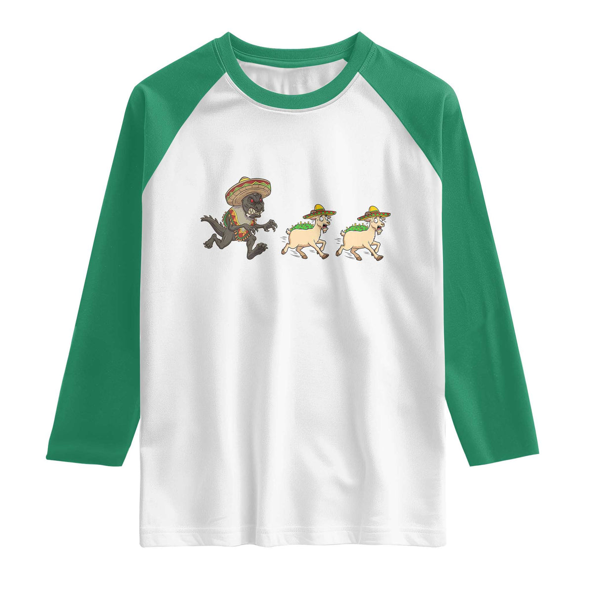 Funny Mexican Fiesta Gift Raglan Shirt Chupacabra Chasing Taco Goat