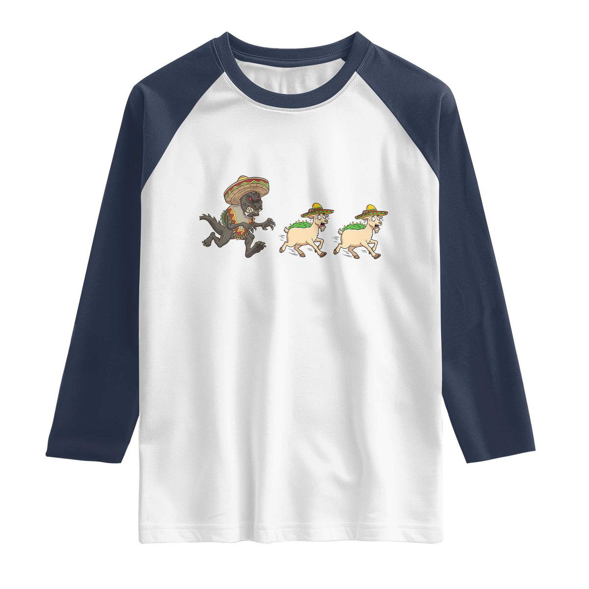 Funny Mexican Fiesta Gift Raglan Shirt Chupacabra Chasing Taco Goat