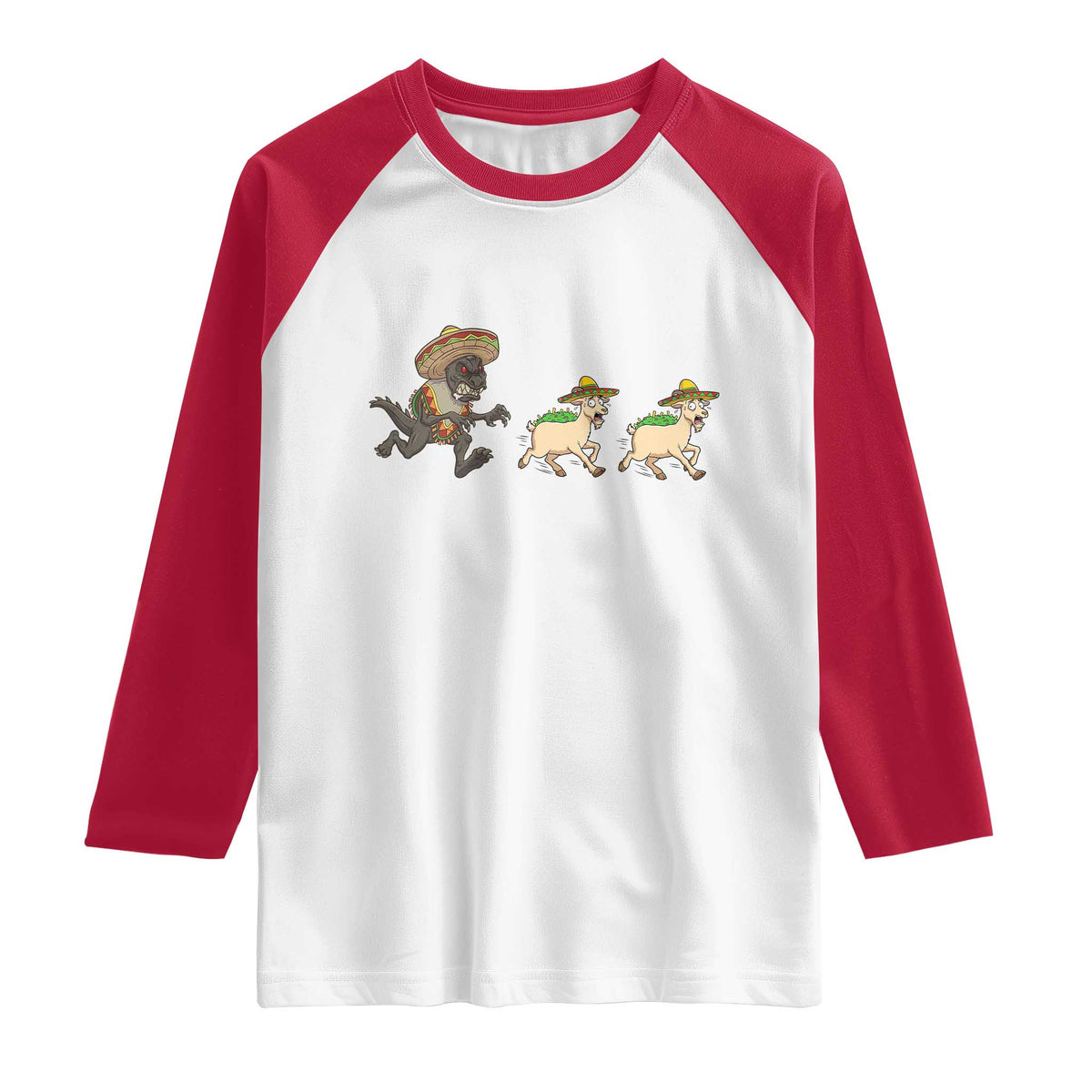 Funny Mexican Fiesta Gift Raglan Shirt Chupacabra Chasing Taco Goat