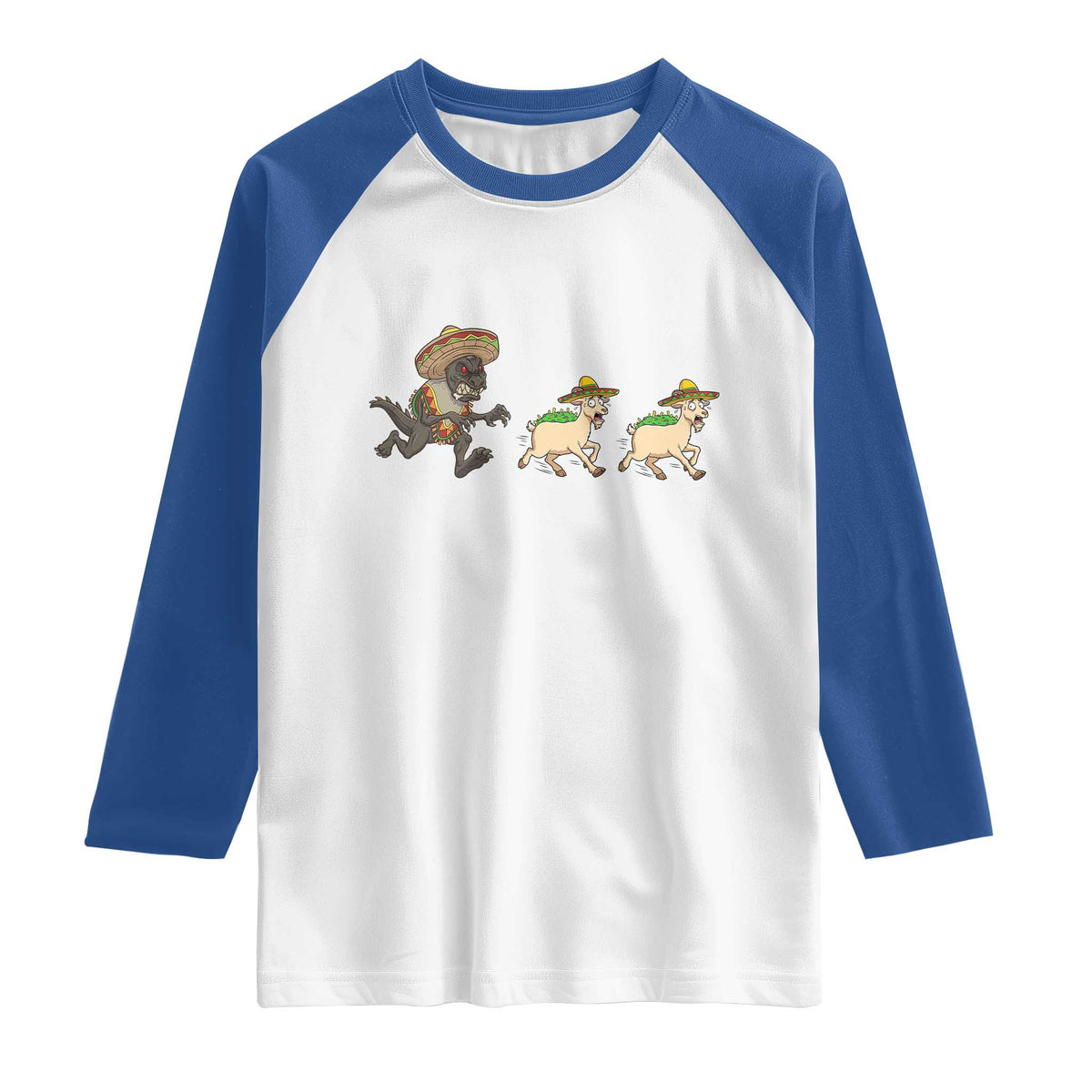 Funny Mexican Fiesta Gift Raglan Shirt Chupacabra Chasing Taco Goat