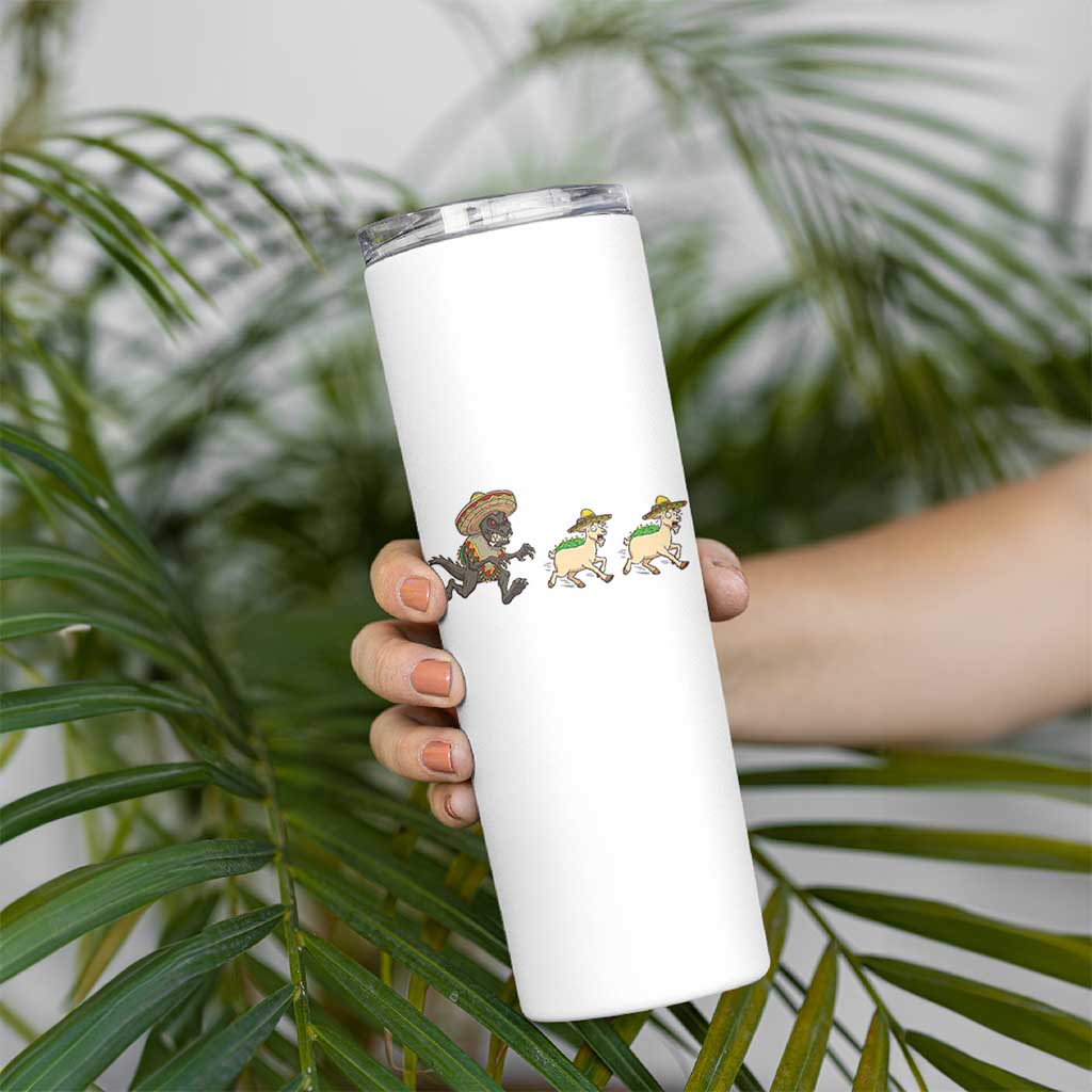 Funny Mexican Fiesta Gift Skinny Tumbler Chupacabra Chasing Taco Goat