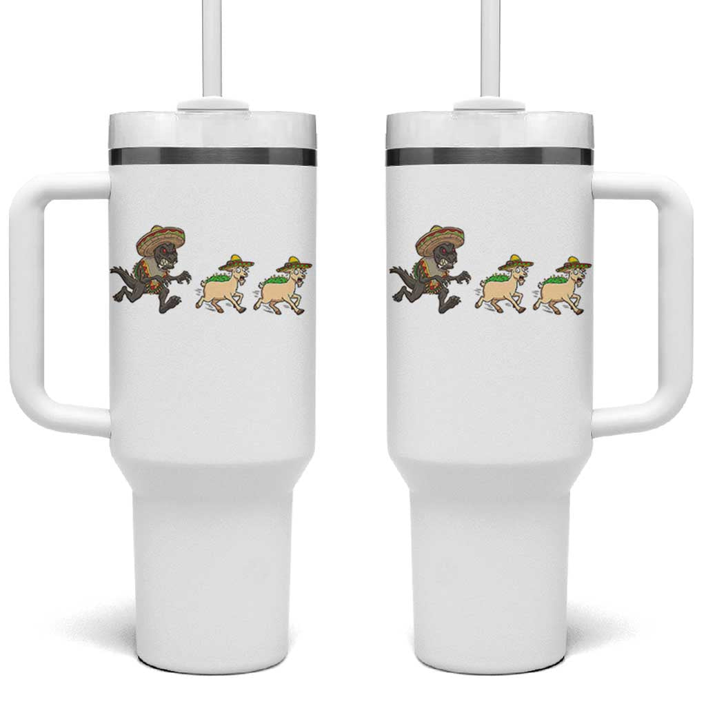 Funny Mexican Fiesta Gift Tumbler With Handle Chupacabra Chasing Taco Goat