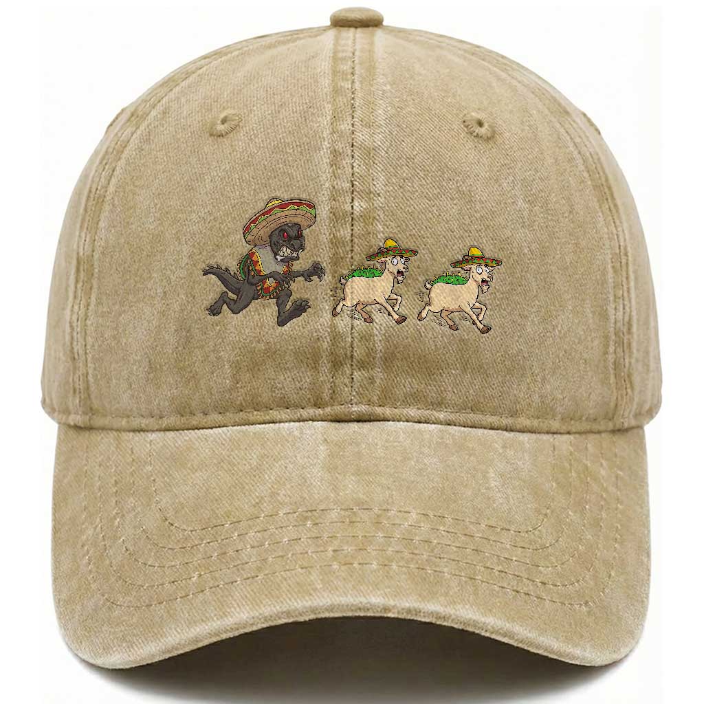 Funny Mexican Fiesta Gift Washed Cotton Baseball Cap Chupacabra Chasing Taco Goat