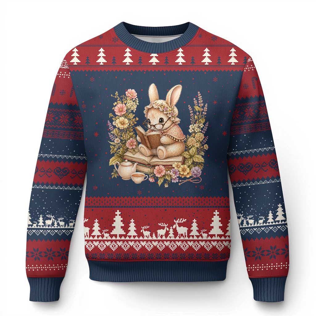 Cottagecore Rabbit Reading Book Ugly Christmas Sweater Aesthetic Grandmacore Gift