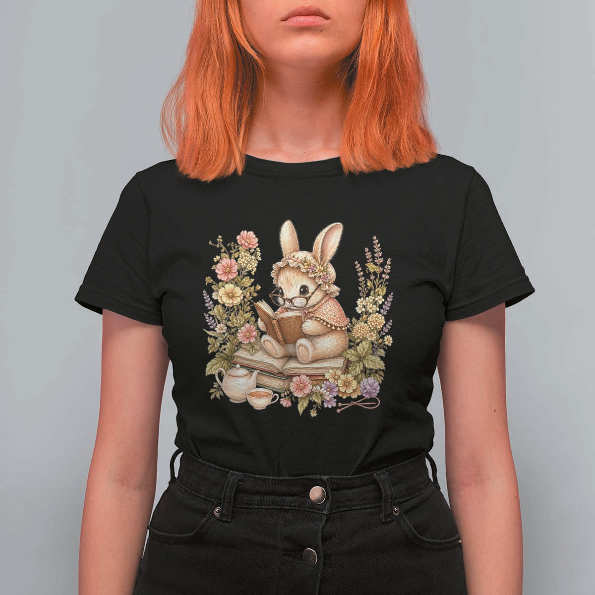 Cottagecore Rabbit Reading Book T Shirt For Women Aesthetic Grandmacore Gift