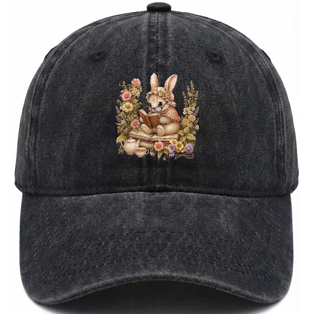 Cottagecore Rabbit Reading Book Washed Cotton Baseball Cap Aesthetic Grandmacore Gift
