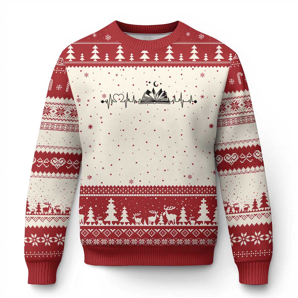 Bookaholic Heartbeat Graphic Ugly Christmas Sweater Vintage Reader Lifeline Gift