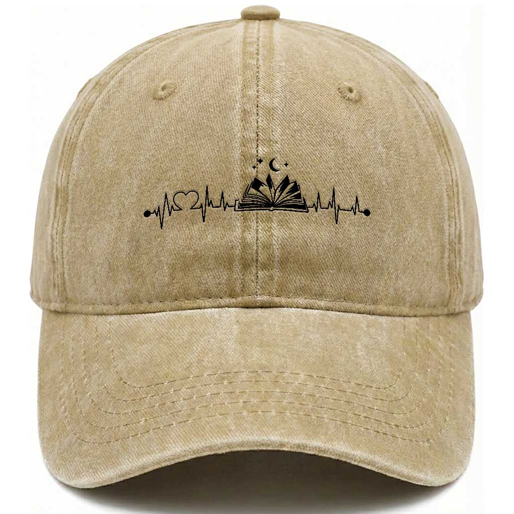 Bookaholic Heartbeat Graphic Washed Cotton Baseball Cap Vintage Reader Lifeline Gift