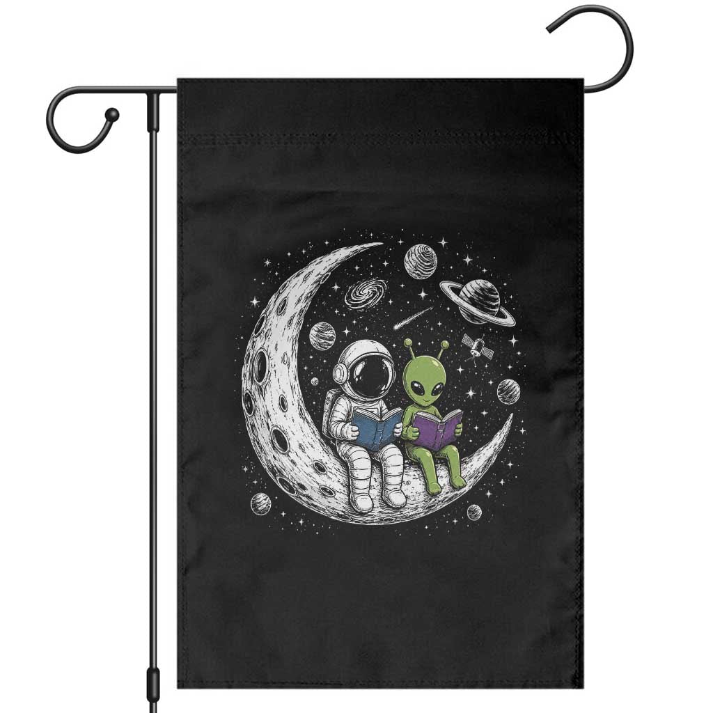 Funny Bookworm In Space Garden Flag Cute Astronaut And Alien Reading