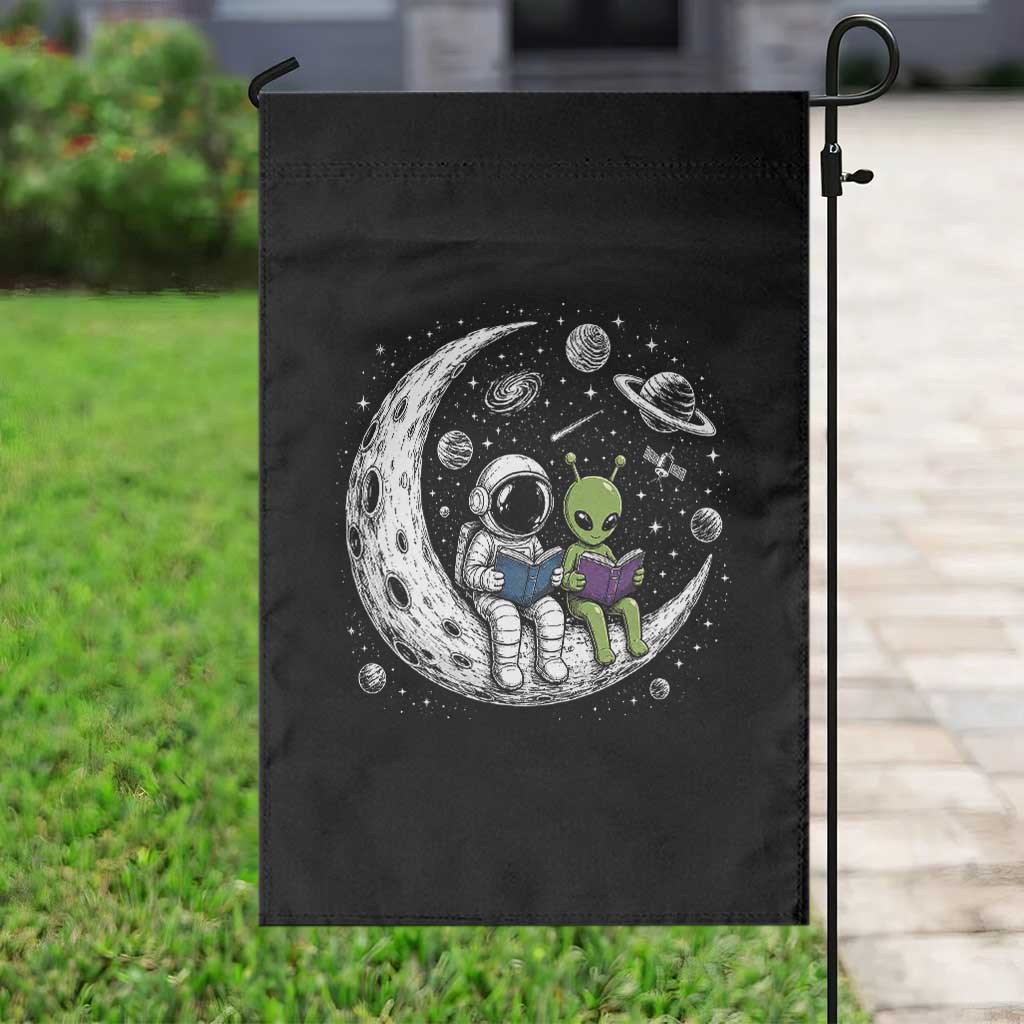 Funny Bookworm In Space Garden Flag Cute Astronaut And Alien Reading