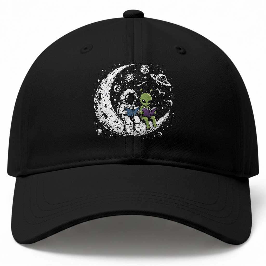 Funny Bookworm In Space Baseball Cap Cute Astronaut And Alien Reading