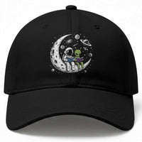 Funny Bookworm In Space Baseball Cap Cute Astronaut And Alien Reading