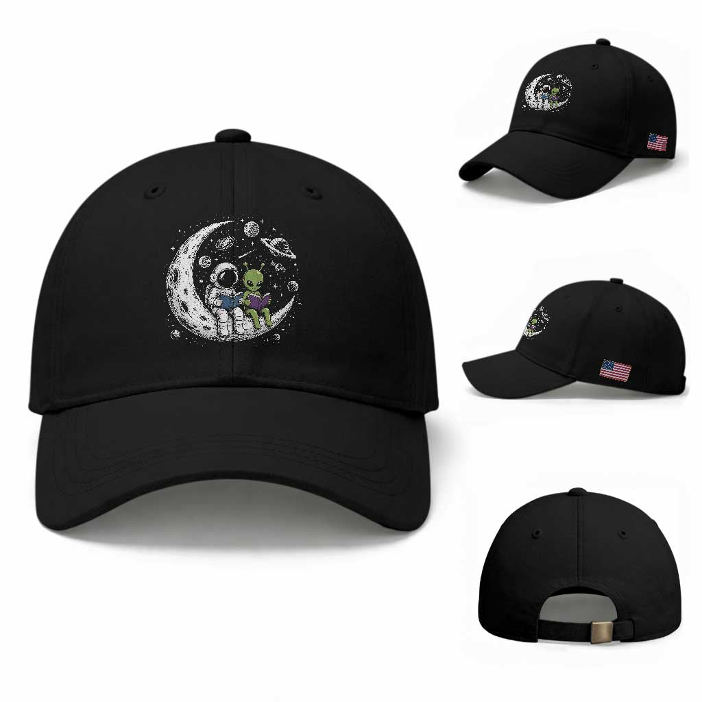 Funny Bookworm In Space Baseball Cap Cute Astronaut And Alien Reading
