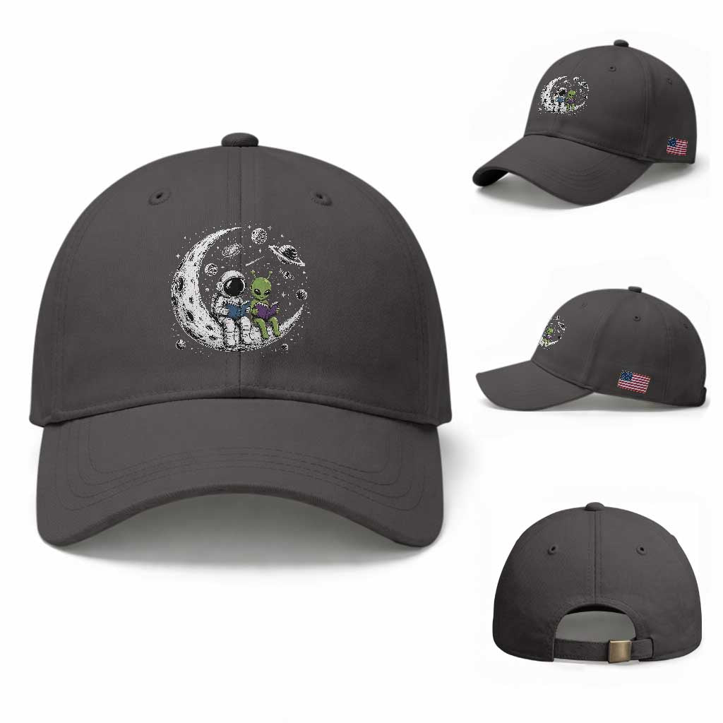 Funny Bookworm In Space Baseball Cap Cute Astronaut And Alien Reading