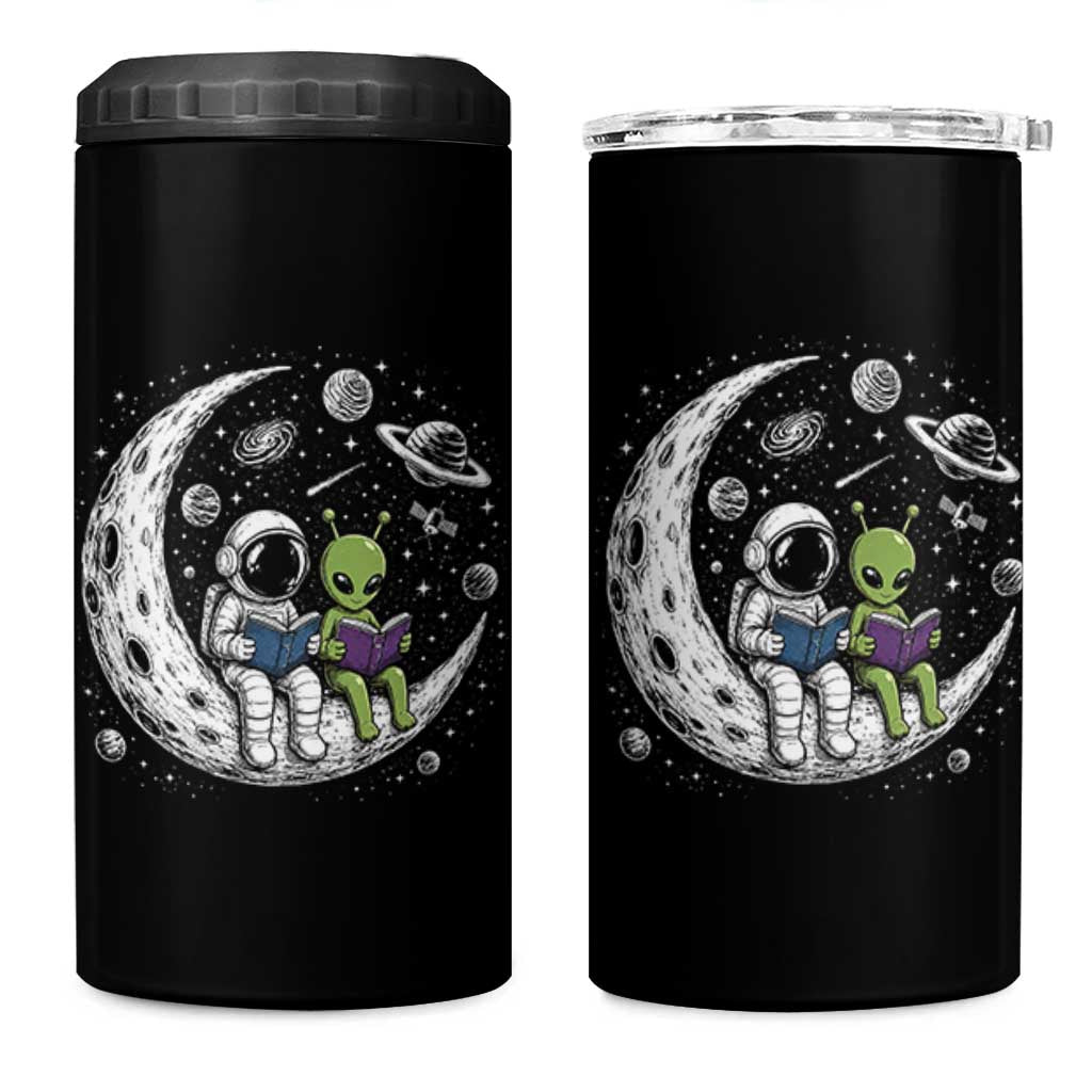 Funny Bookworm In Space 4 in 1 Can Cooler Tumbler Cute Astronaut And Alien Reading
