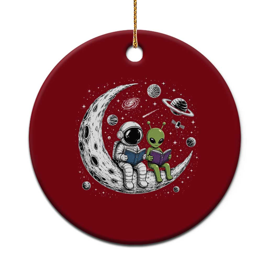 Funny Bookworm In Space Ceramic Ornament Cute Astronaut And Alien Reading