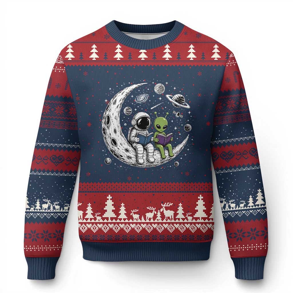 Funny Bookworm In Space Ugly Christmas Sweater Cute Astronaut And Alien Reading