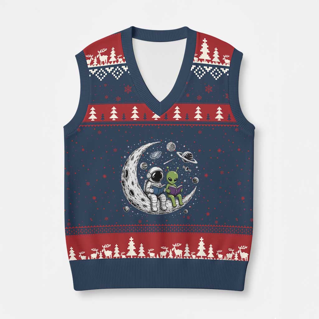 Funny Bookworm In Space V-Neck Knit Sweater Vest Cute Astronaut And Alien Reading