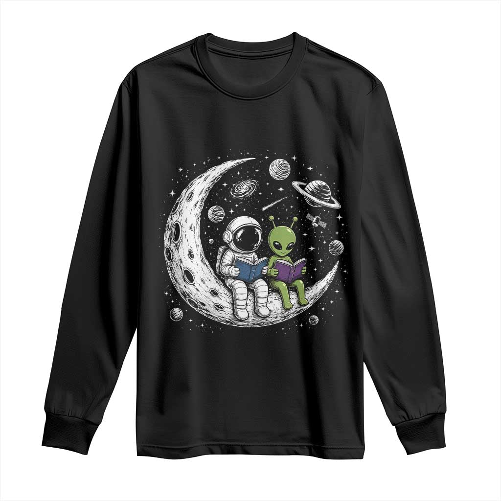 Funny Bookworm In Space Long Sleeve Shirt Cute Astronaut And Alien Reading