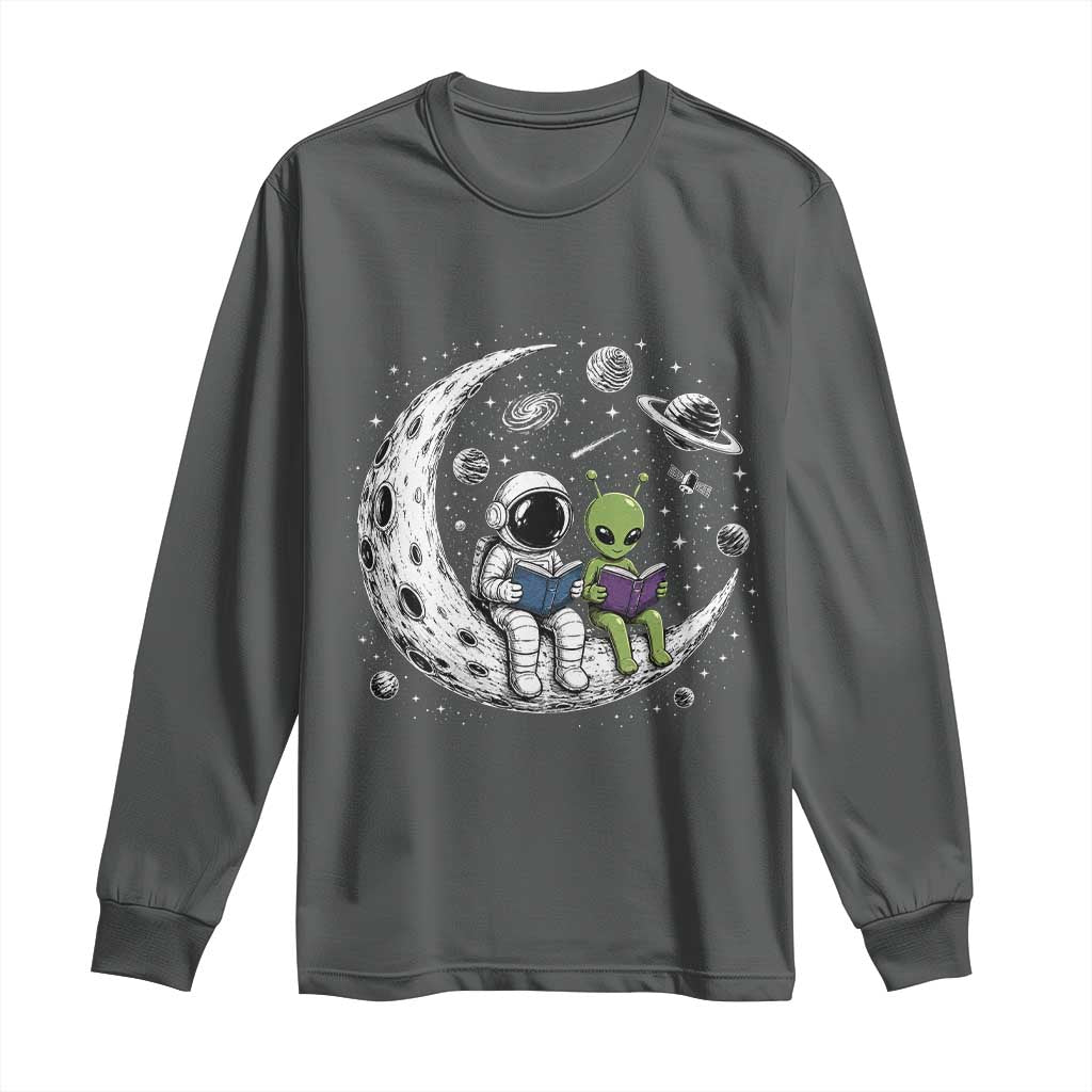 Funny Bookworm In Space Long Sleeve Shirt Cute Astronaut And Alien Reading