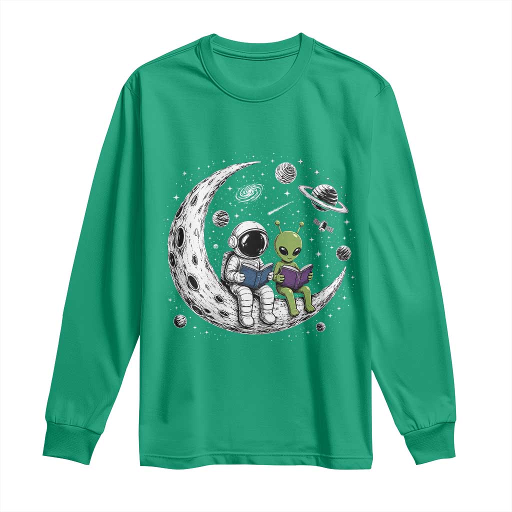 Funny Bookworm In Space Long Sleeve Shirt Cute Astronaut And Alien Reading