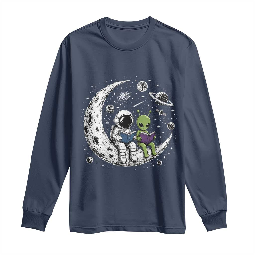 Funny Bookworm In Space Long Sleeve Shirt Cute Astronaut And Alien Reading