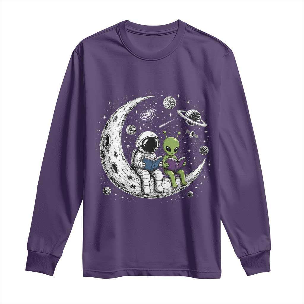 Funny Bookworm In Space Long Sleeve Shirt Cute Astronaut And Alien Reading