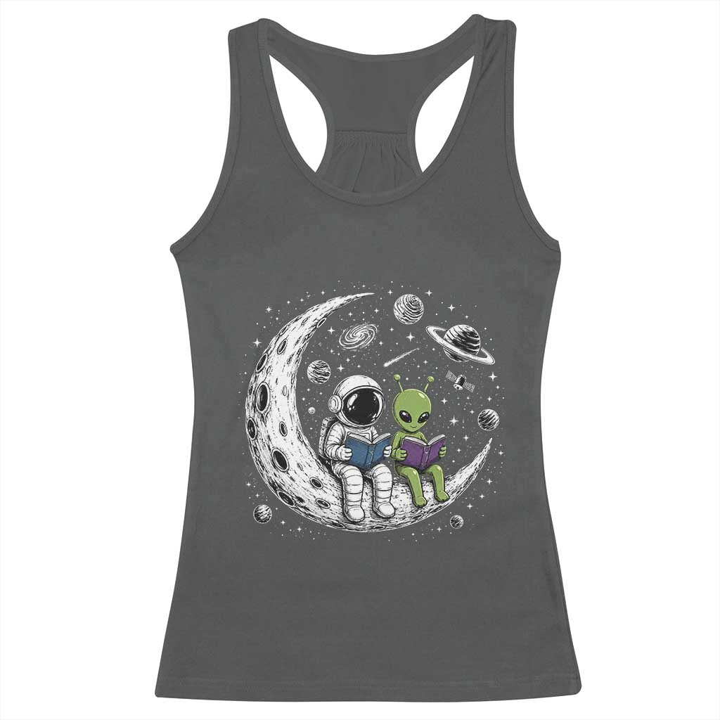 Funny Bookworm In Space Racerback Tank Top Cute Astronaut And Alien Reading