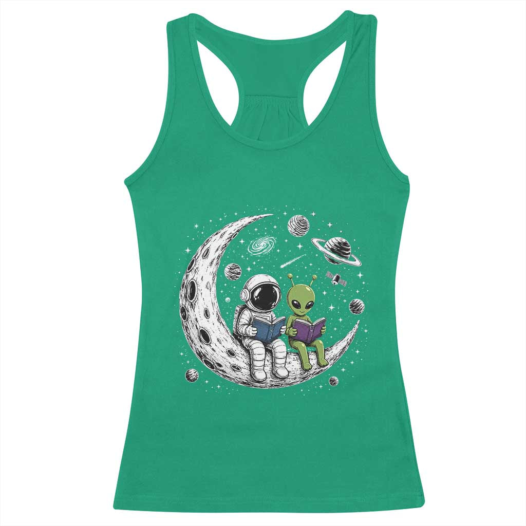 Funny Bookworm In Space Racerback Tank Top Cute Astronaut And Alien Reading