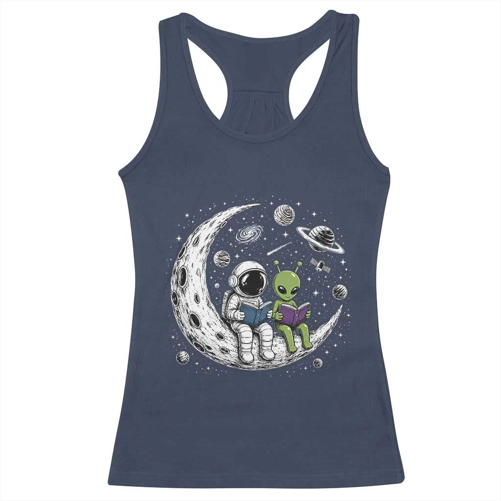 Funny Bookworm In Space Racerback Tank Top Cute Astronaut And Alien Reading