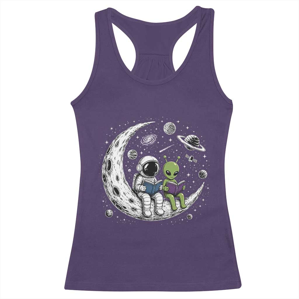 Funny Bookworm In Space Racerback Tank Top Cute Astronaut And Alien Reading